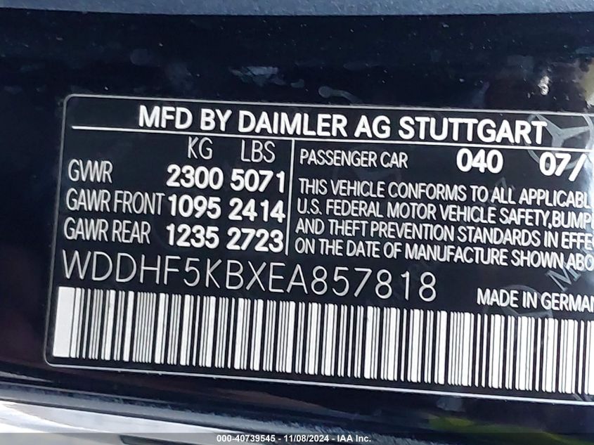 2014 Mercedes-Benz E 350 VIN: WDDHF5KBXEA857818 Lot: 40739545