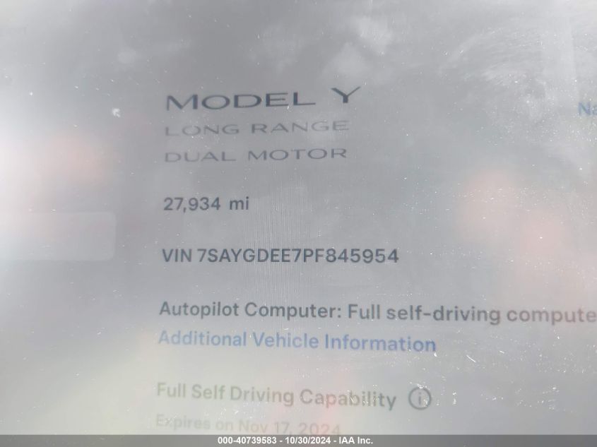 2023 Tesla Model Y Awd/Long Range Dual Motor All-Wheel Drive VIN: 7SAYGDEE7PF845954 Lot: 40739583