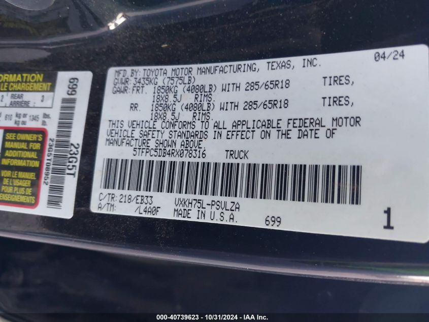 2024 Toyota Tundra Hybrid Trd Pro VIN: 5TFPC5DB4RX078316 Lot: 40739623