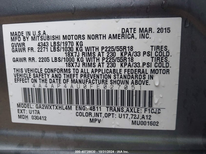 2015 MITSUBISHI OUTLANDER SPORT SE - 4A4AP4AU0FE027051