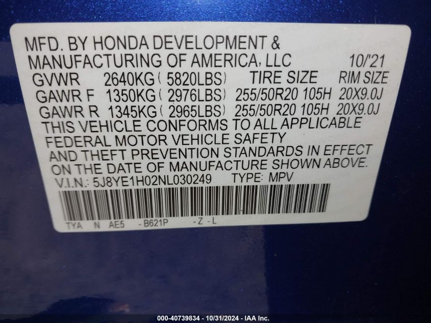 2022 Acura Mdx A-Spec Package VIN: 5J8YE1H02NL030249 Lot: 40739834