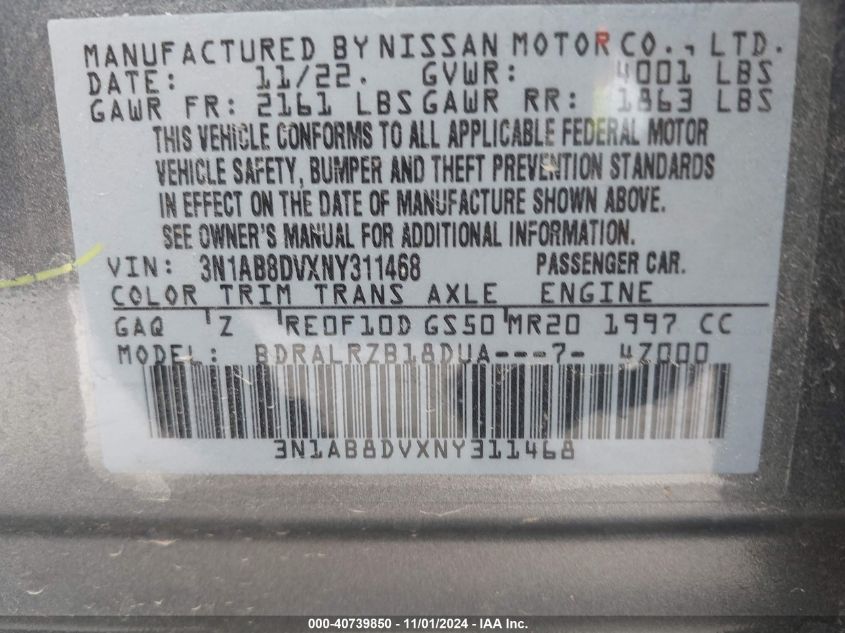 2022 Nissan Sentra Sr Xtronic Cvt VIN: 3N1AB8DVXNY311468 Lot: 40739850