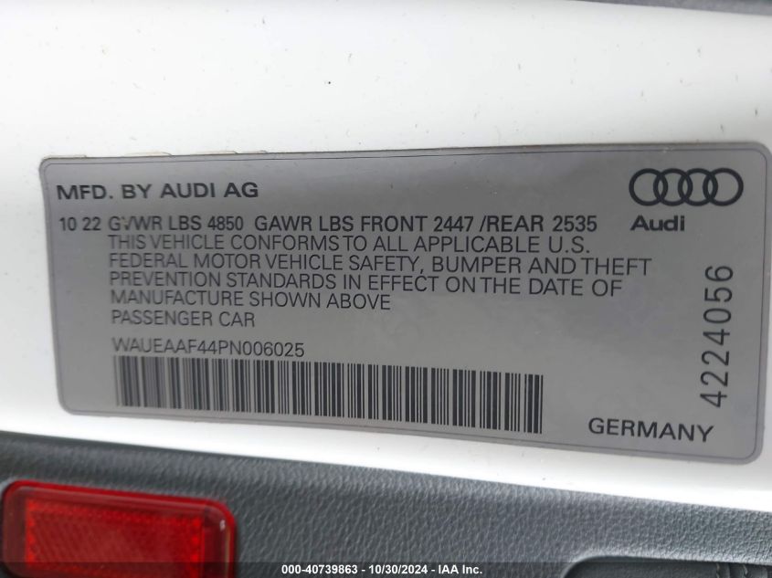 2023 Audi A4 Premium Plus 45 Tfsi S Line Quattro S Tronic VIN: WAUEAAF44PN006025 Lot: 40739863