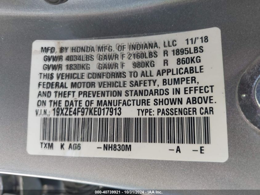 2019 Honda Insight Touring VIN: 19XZE4F97KE017913 Lot: 40739921