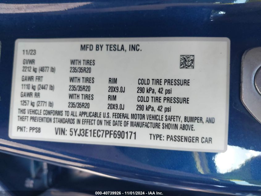 2023 Tesla Model 3 Performance Dual Motor All-Wheel Drive VIN: 5YJ3E1EC7PF690171 Lot: 40739926