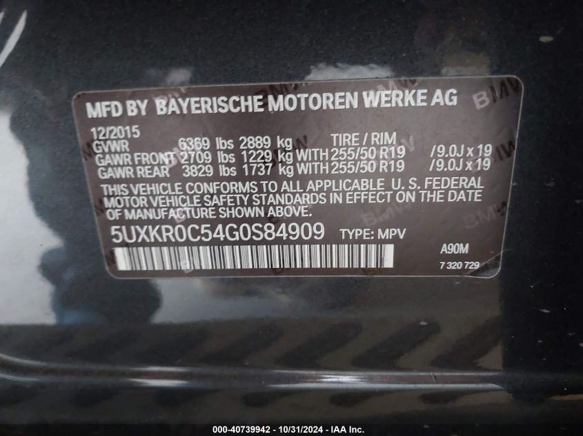 2016 BMW X5 xDrive35I VIN: 5UXKR0C54G0S84909 Lot: 40739942