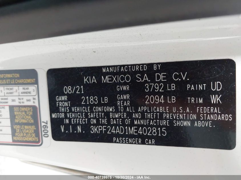 3KPF24AD1ME402815 Kia Forte FE 9