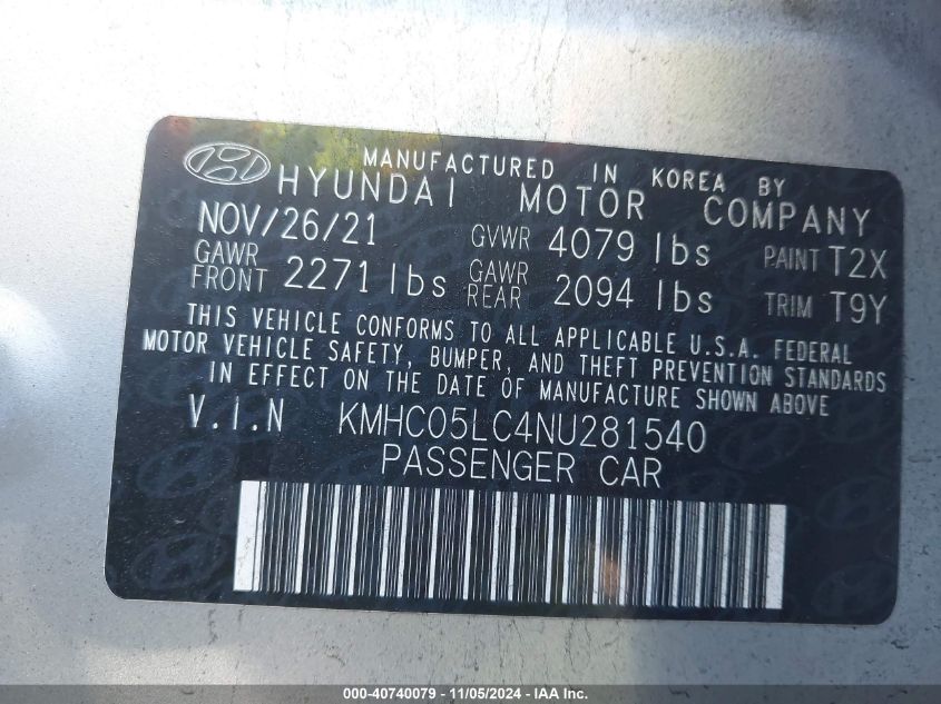 2022 Hyundai Ioniq Hybrid Limited VIN: KMHC05LC4NU281540 Lot: 40740079