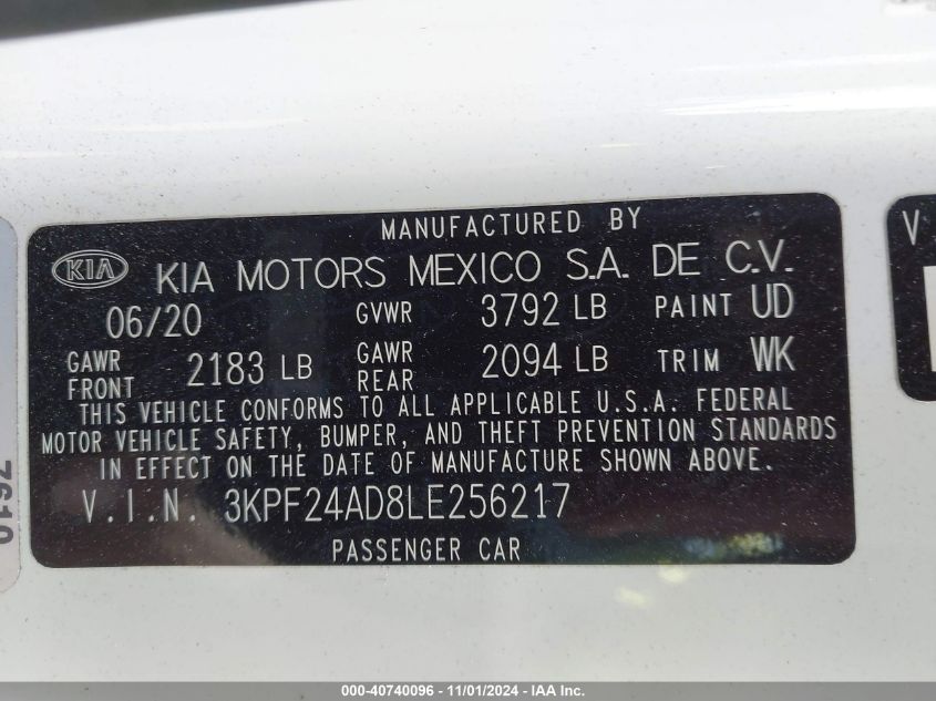 2020 Kia Forte Lxs VIN: 3KPF24AD8LE256217 Lot: 40740096