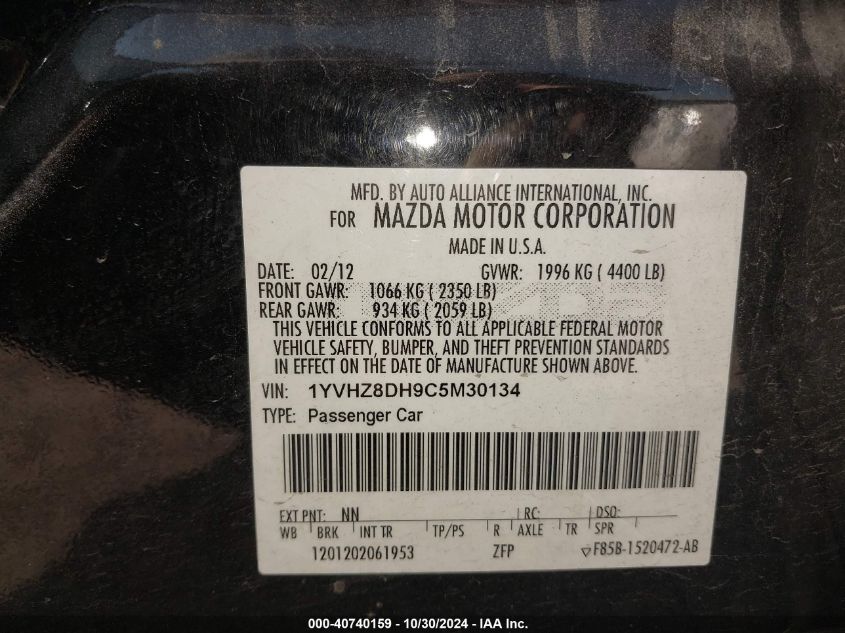 2012 Mazda Mazda6 I Touring VIN: 1YVHZ8DH9C5M30134 Lot: 40740159