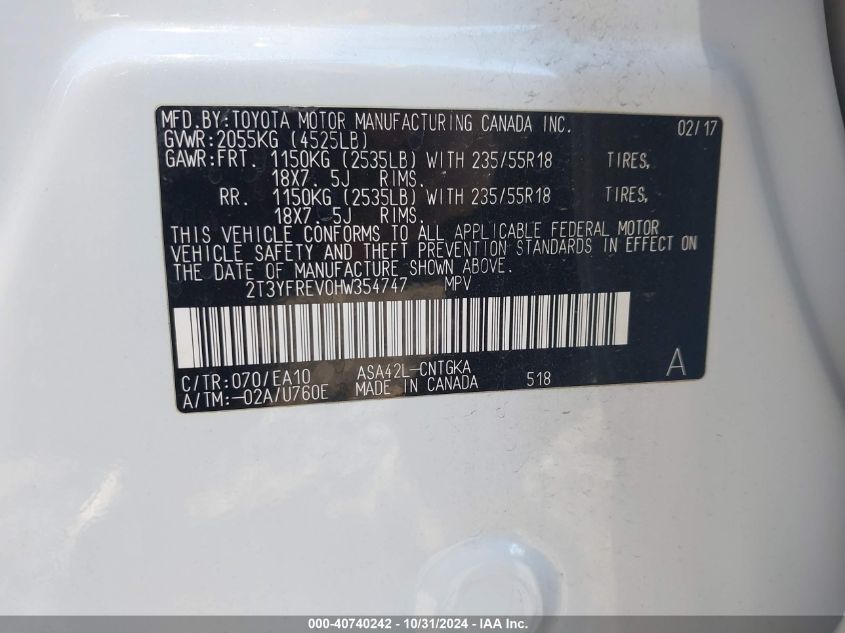 VIN 2T3YFREV0HW354747 2017 TOYOTA RAV4 no.9