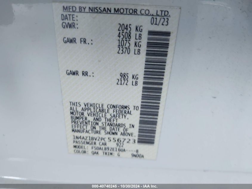 2023 Nissan Leaf S 40 Kwh VIN: 1N4AZ1BV2PC556723 Lot: 40740245