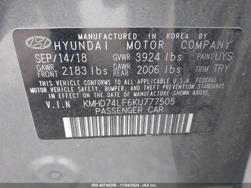 VIN KMHD74LF6KU777505 2019 Hyundai Elantra, SE no.9