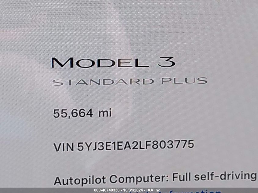 2020 Tesla Model 3 Standard Range Plus Rear-Wheel Drive/Standard Range Rear-Wheel Drive VIN: 5YJ3E1EA2LF803775 Lot: 40740330