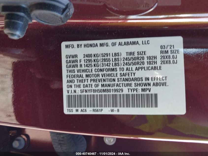 2021 Honda Passport Awd Ex-L VIN: 5FNYF8H50MB019929 Lot: 40740467