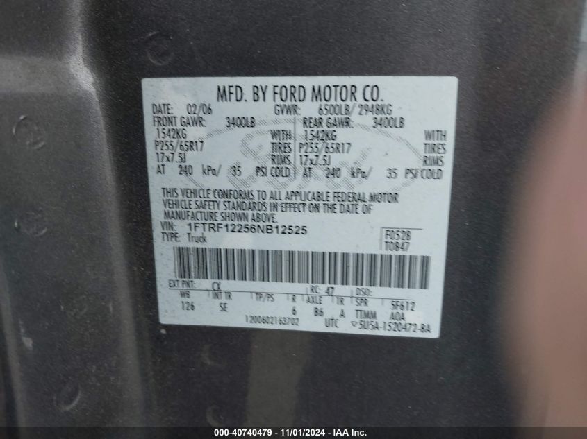 2006 FORD F150 VIN: 1FTRF12256NB12525