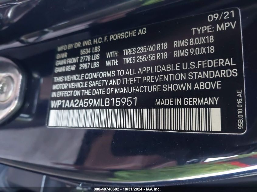 2021 Porsche Macan VIN: WP1AA2A59MLB15951 Lot: 40740602