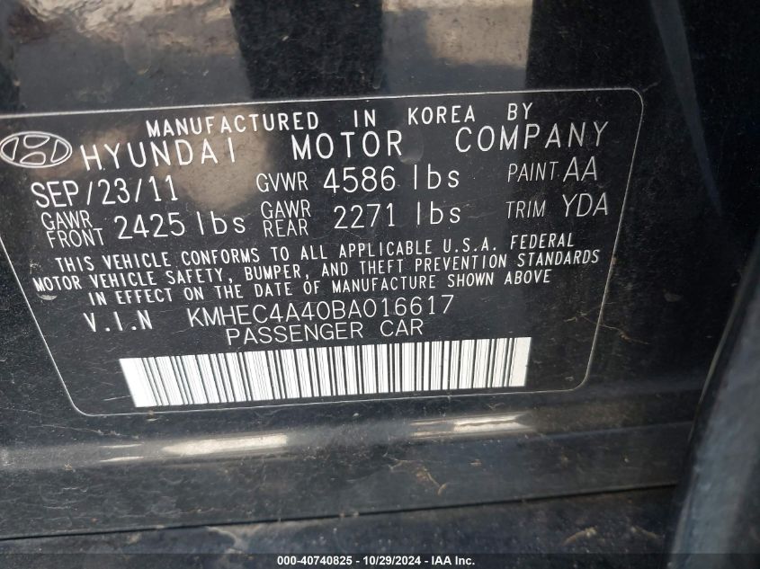 2011 Hyundai Sonata Hybrid VIN: KMHEC4A40BA016617 Lot: 40740825