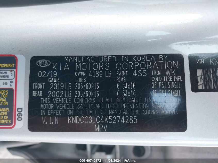 2019 Kia Niro Ex VIN: KNDCC3LC4K5274285 Lot: 40740872