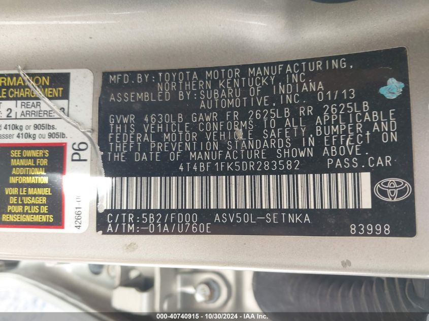 2013 TOYOTA CAMRY LE - 4T4BF1FK5DR283582