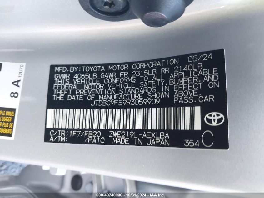 VIN JTDBCMFE9R3059909 2024 Toyota Corolla, Hybrid Le no.9