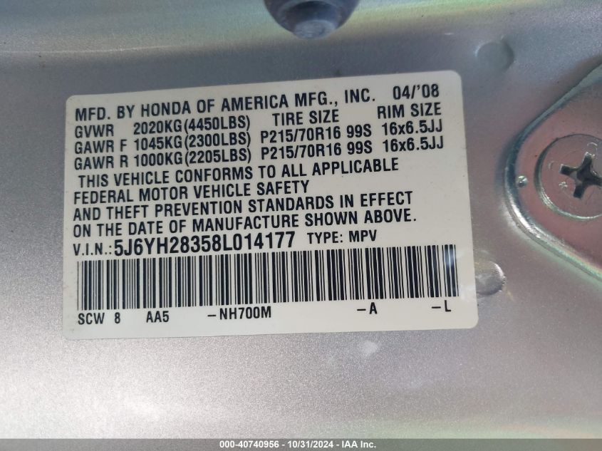 2008 Honda Element Lx VIN: 5J6YH28358L014177 Lot: 40740956