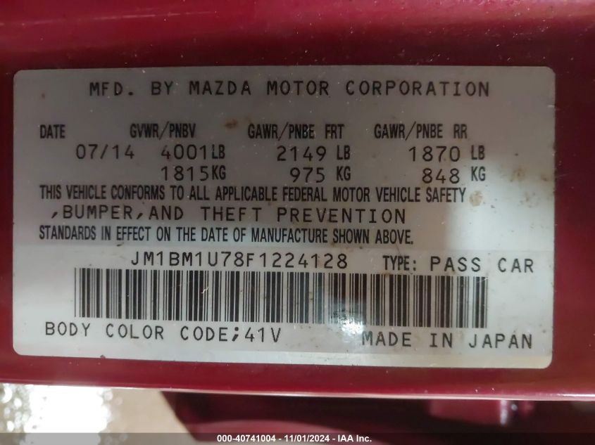 2015 MAZD 3 I SPORT AUTOMATIC VIN: JM1BM1U78F1224128