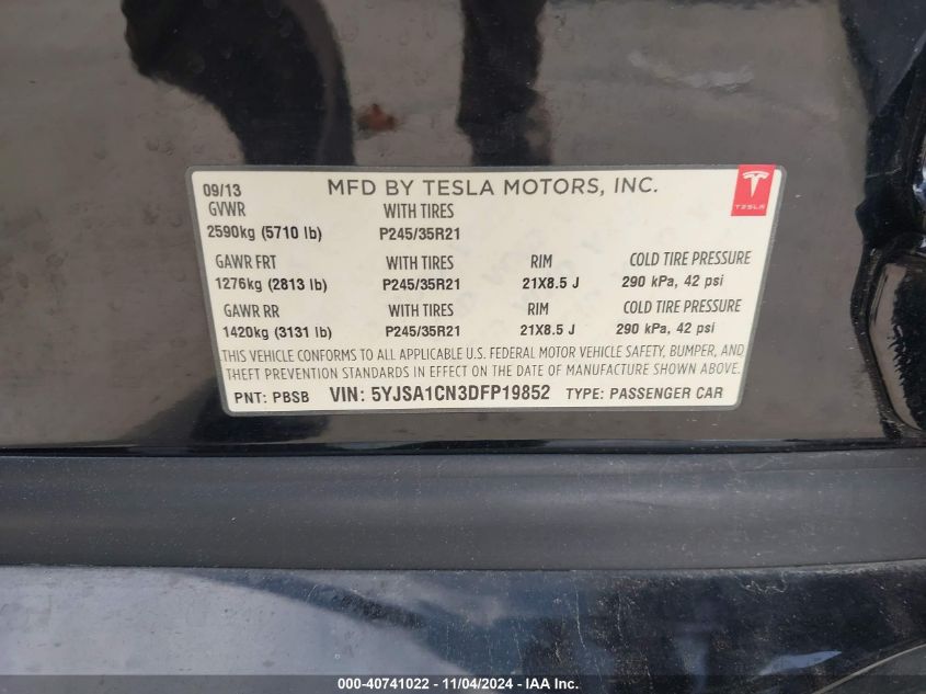 2013 Tesla Model S VIN: 5YJSA1CN3DFP19852 Lot: 40741022