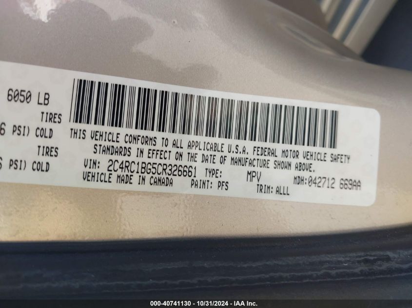 2012 Chrysler Town & Country Touring VIN: 2C4RC1BG5CR326661 Lot: 40741130