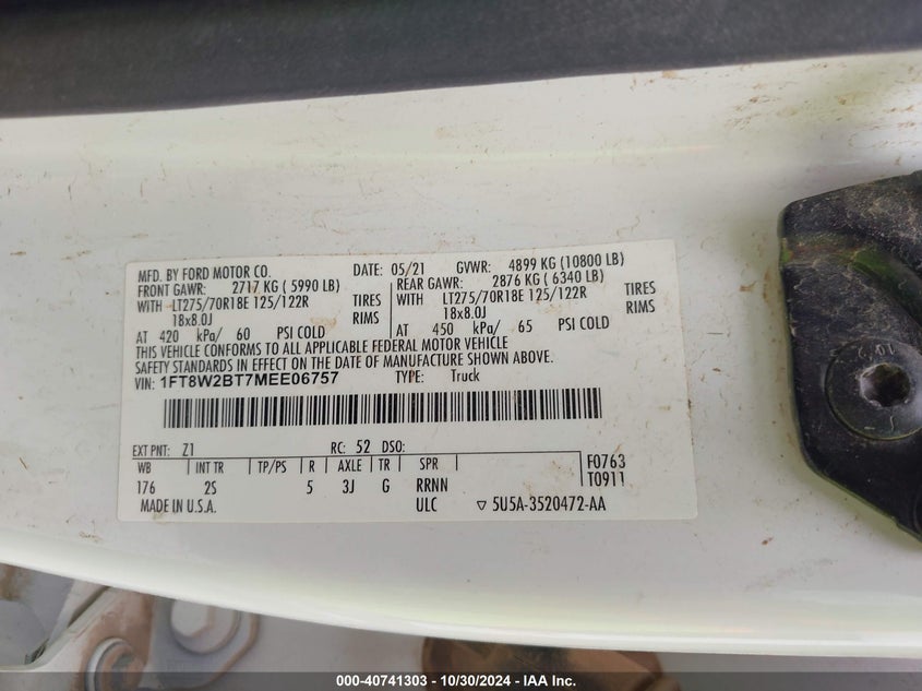 2021 Ford F-250 Xlt VIN: 1FT8W2BT7MEE06757 Lot: 40741303