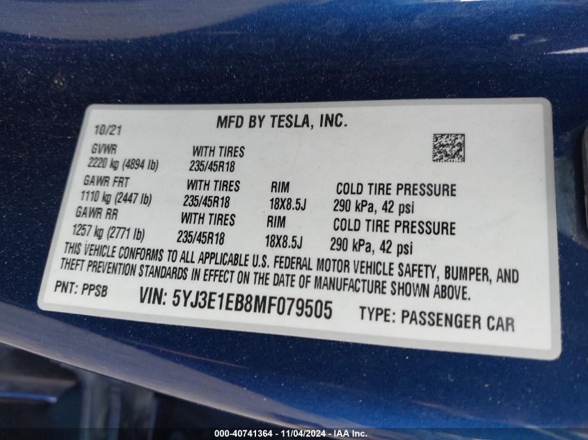 VIN 5YJ3E1EB8MF079505 2021 TESLA MODEL 3 no.8