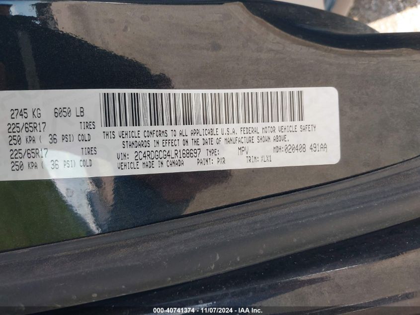 2020 Dodge Grand Caravan Sxt VIN: 2C4RDGCG4LR168697 Lot: 40741374