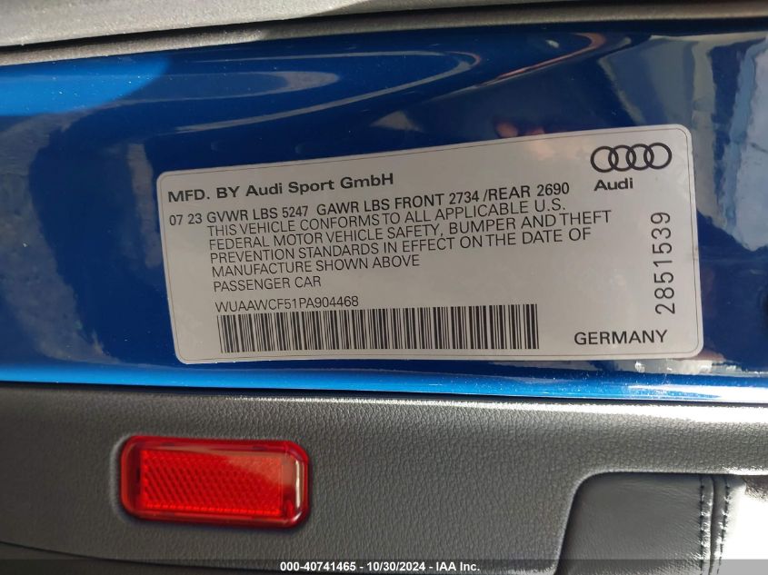 2023 Audi Rs 5 Sportback Tfsi Quattro Tiptronic VIN: WUAAWCF51PA904468 Lot: 40741465