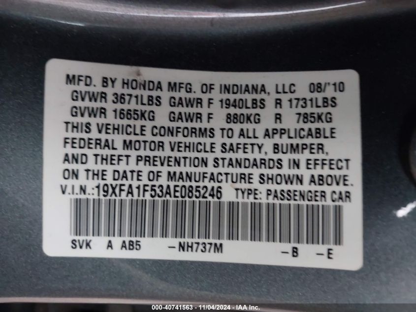 2010 Honda Civic Lx VIN: 19XFA1F53AE085246 Lot: 40741563