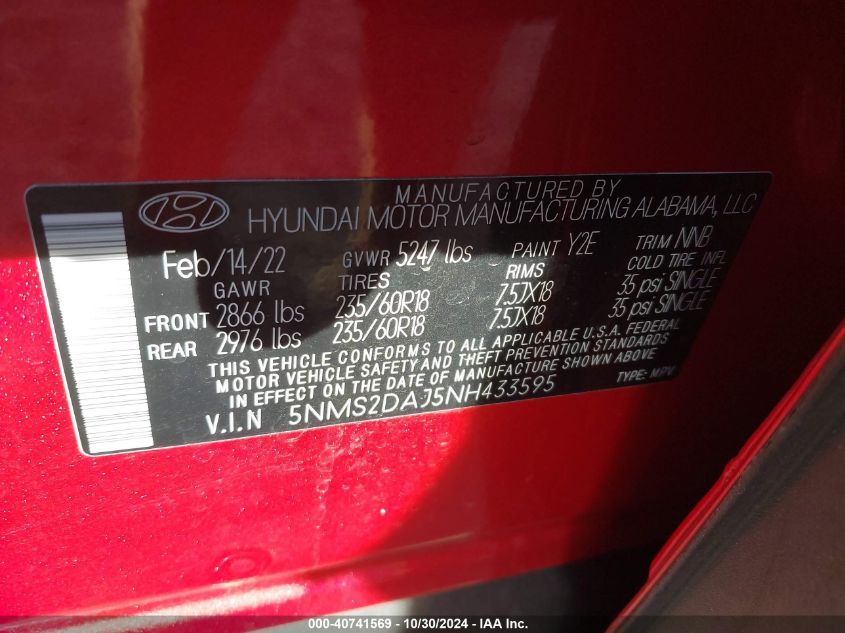 2022 Hyundai Santa Fe Sel VIN: 5NMS2DAJ5NH433595 Lot: 40741569