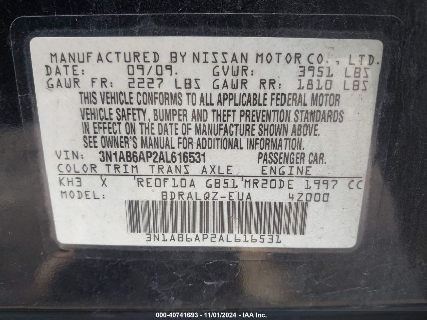 2010 Nissan Sentra 2.0 VIN: 3N1AB6AP2AL616531 Lot: 40741693