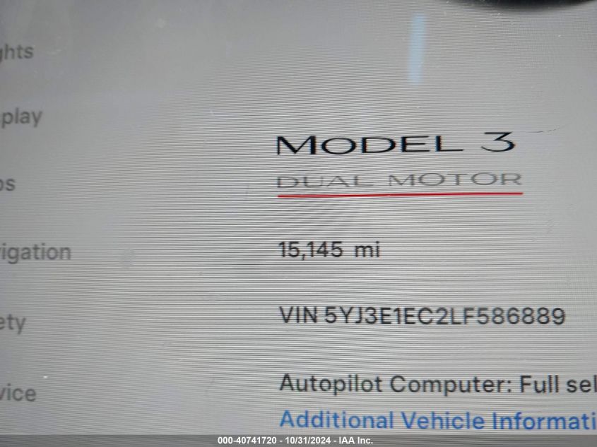 2020 Tesla Model 3 Performance Dual Motor All-Wheel Drive VIN: 5YJ3E1EC2LF586889 Lot: 40741720