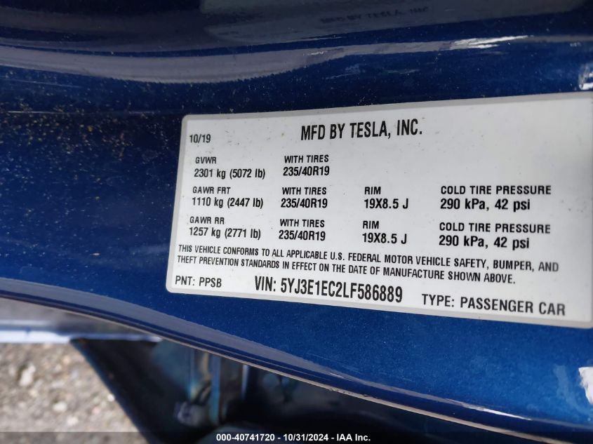 2020 Tesla Model 3 Performance Dual Motor All-Wheel Drive VIN: 5YJ3E1EC2LF586889 Lot: 40741720