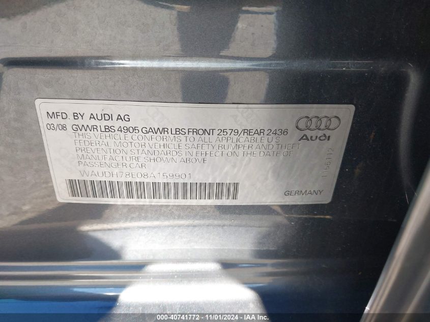 2008 Audi A4 3.2 VIN: WAUDH78E08A159901 Lot: 40741772