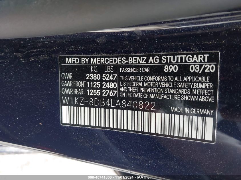 2020 Mercedes-Benz E 350 VIN: W1KZF8DB4LA840822 Lot: 40741800