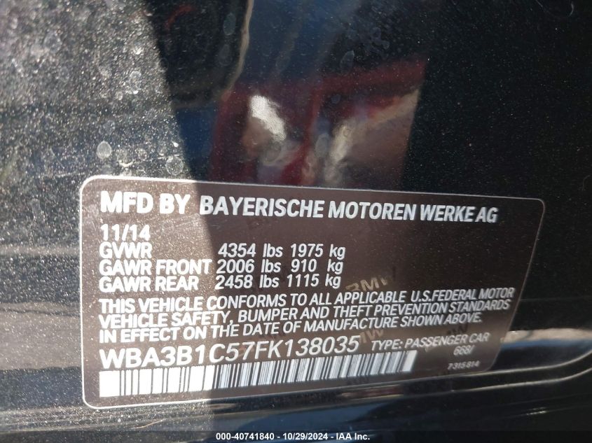 2015 BMW 320I VIN: WBA3B1C57FK138035 Lot: 40741840