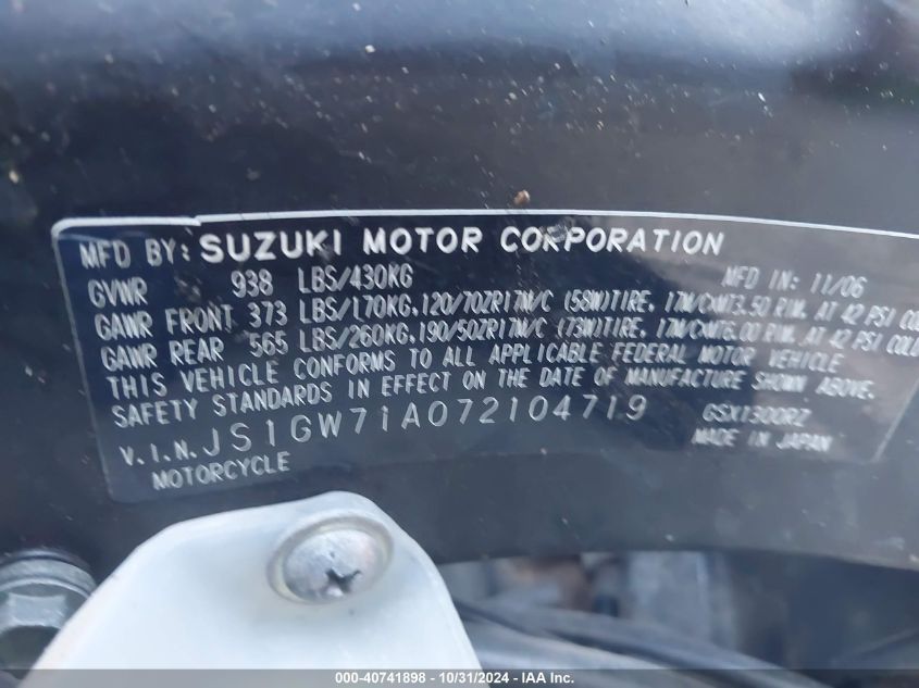 2007 Suzuki Gsx1300 Rz VIN: JS1GW71A072104719 Lot: 40741898