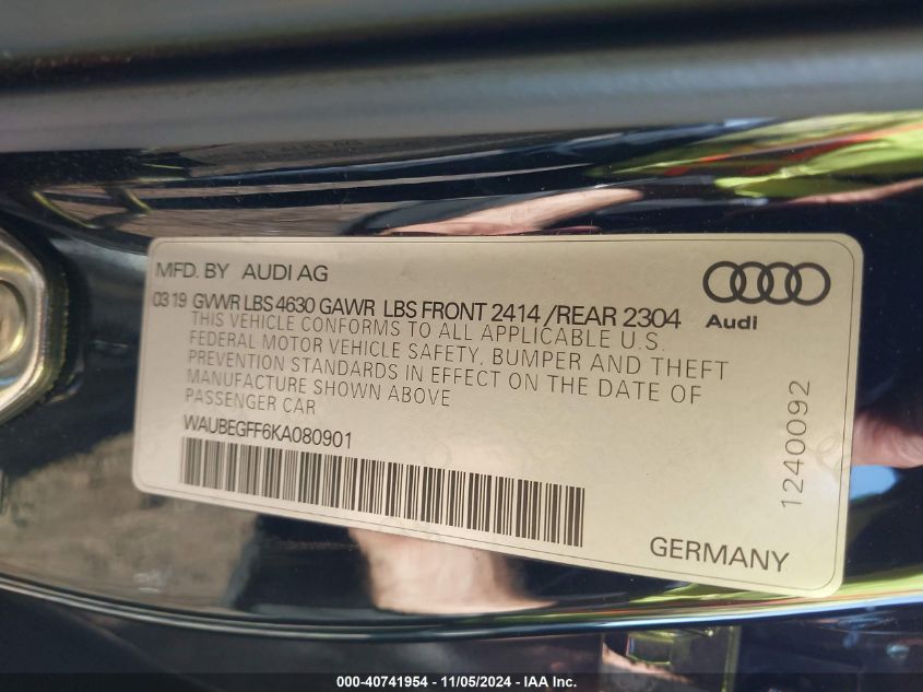 2019 Audi A3 45 Premium VIN: WAUBEGFF6KA080901 Lot: 40741954