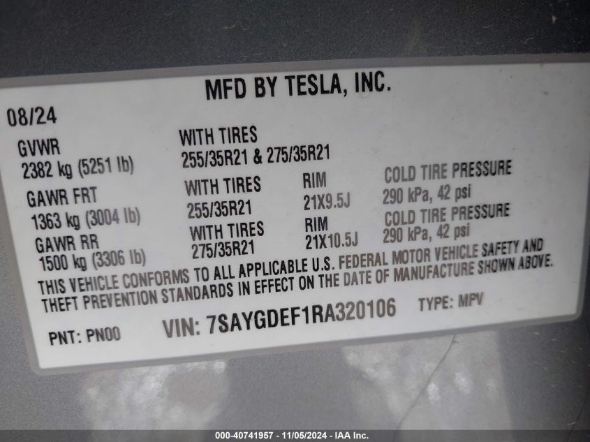 2024 Tesla Model Y Performance Dual Motor All-Wheel Drive VIN: 7SAYGDEF1RA320106 Lot: 40741957