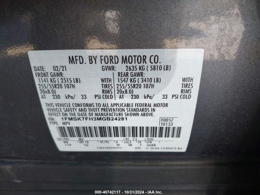 2021 Ford Explorer Limited VIN: 1FMSK7FH3MGB24281 Lot: 40742117