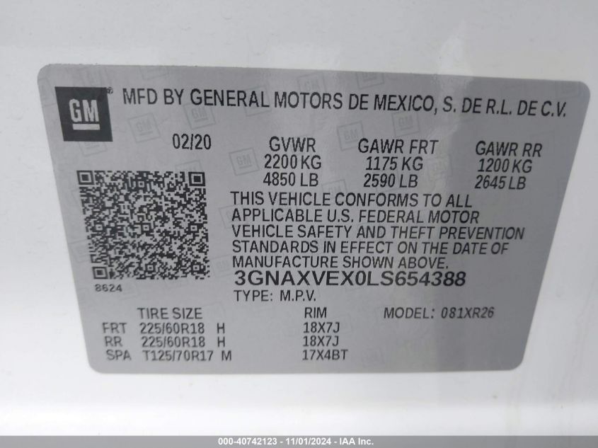 2020 CHEVROLET EQUINOX AWD LT 2.0L TURBO - 3GNAXVEX0LS654388