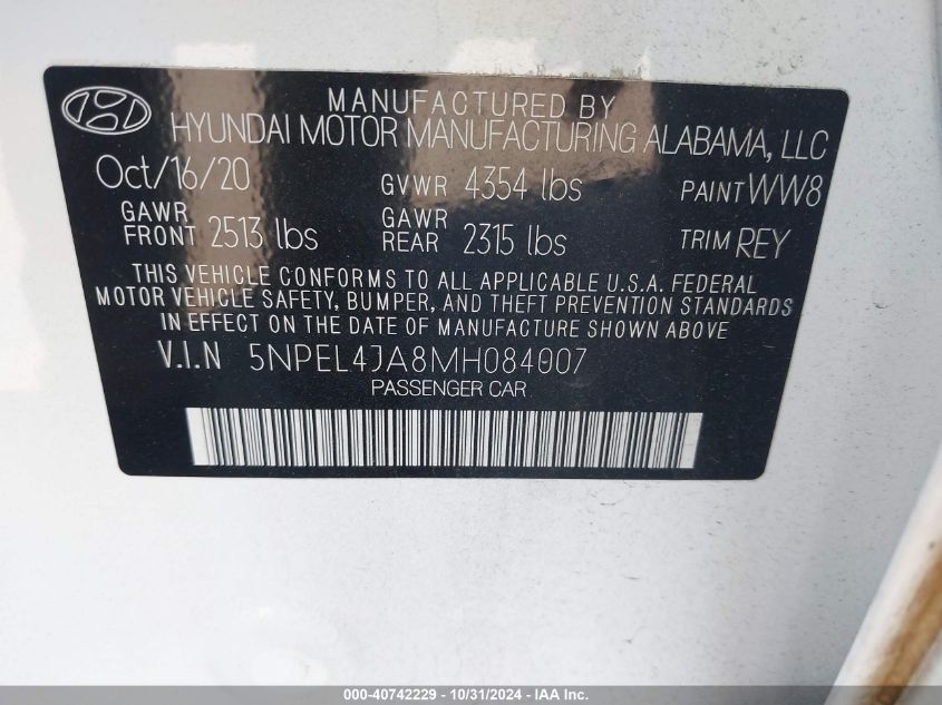 2021 Hyundai Sonata Sel VIN: 5NPEL4JA8MH084007 Lot: 40742229