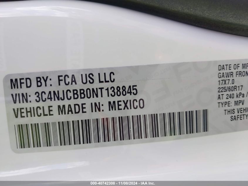 2022 Jeep Compass Latitude Fwd VIN: 3C4NJCBB0NT138845 Lot: 40742308