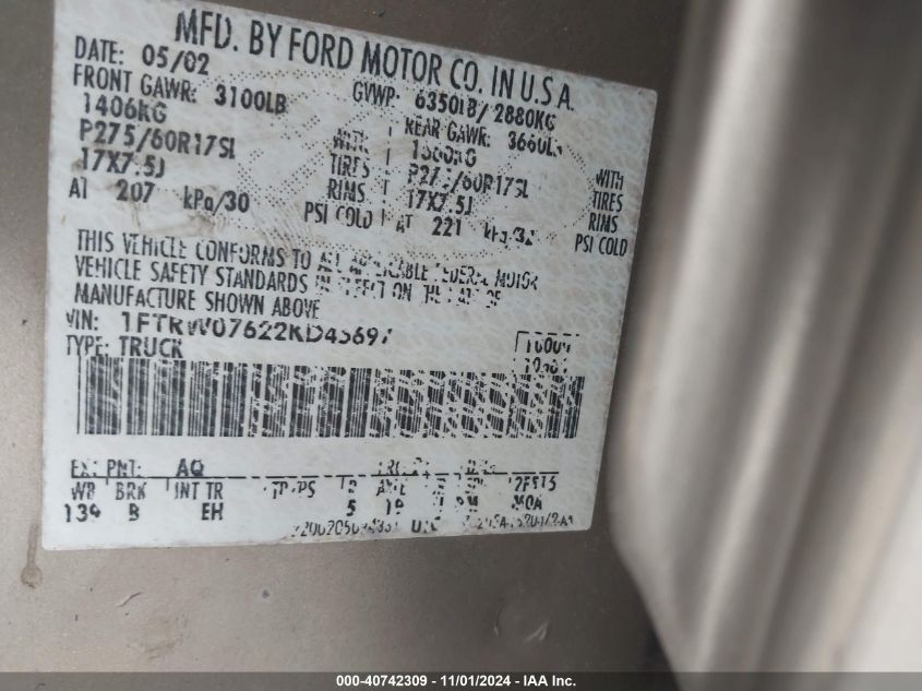 2002 Ford F-150 Lariat/Xlt VIN: 1FTRW07622KD45697 Lot: 40742309