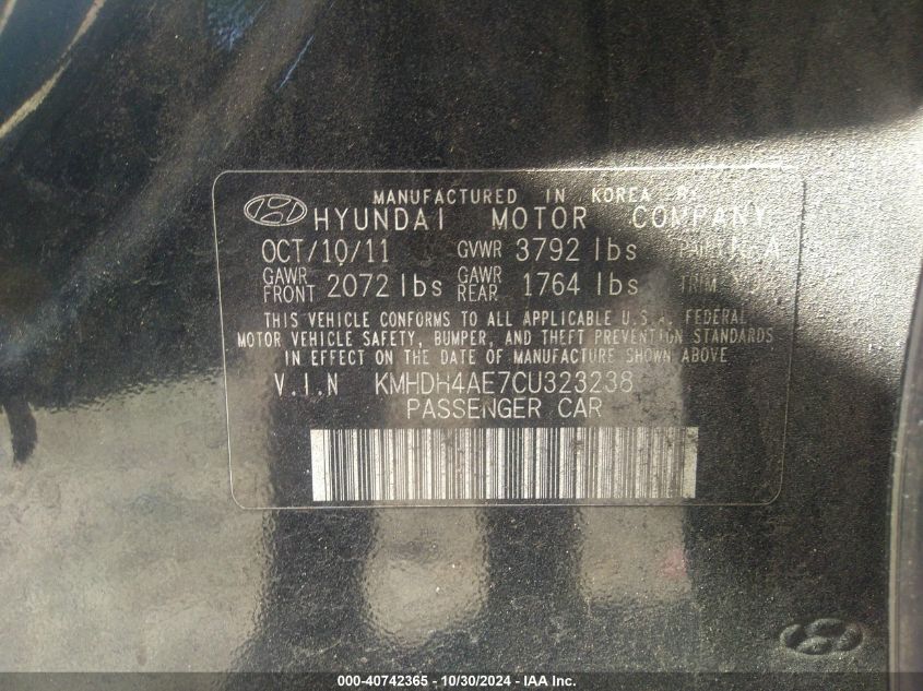 2012 Hyundai Elantra Gls (Ulsan Plant) VIN: KMHDH4AE7CU323238 Lot: 40742365